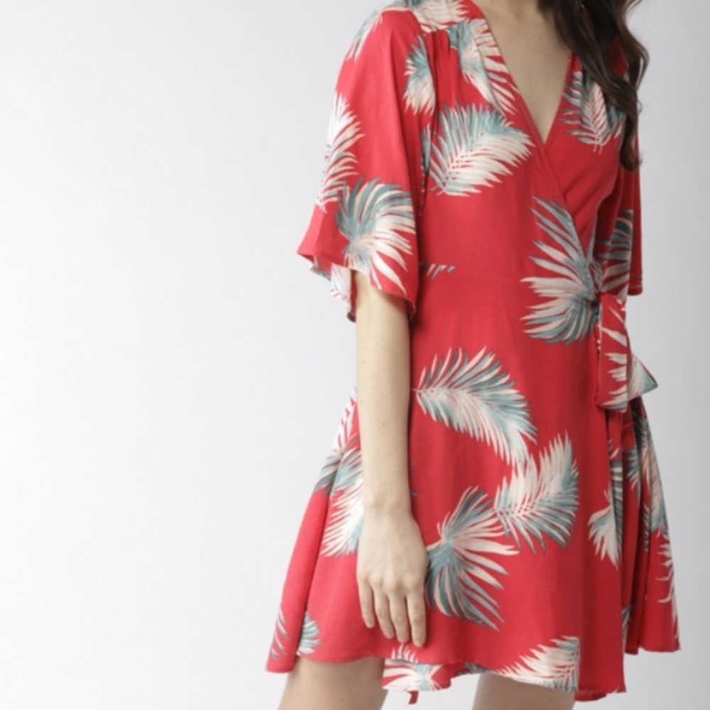 Forever 21 red/palm leaf wrap cover up